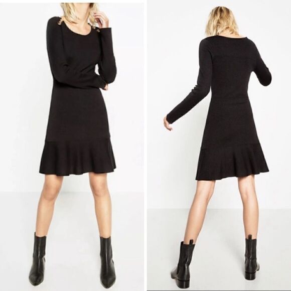 ZARA The Knitwear Collection Black Long Sleeve Buttoned Flounce Dress || SZ S - Picture 3 of 14
